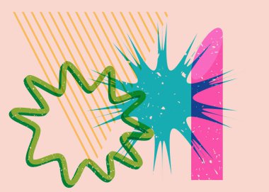 Renkli geometrik şekiller. Moda riso grafik tasarımlı nesne. Geometri ögeleri soyut risograf baskı desen biçimi.