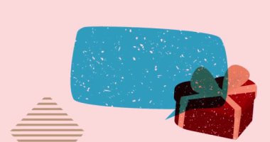 Risograph Heart şekilli hediye kutusu ve geometrik şekilli konuşma balonu animasyonu. Moda riso grafik tasarım videosunda nesne taşınıyor.