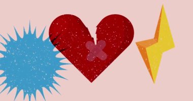 Geometrik şekilli Risograph Kırık Kalp animasyonu. Moda riso grafik tasarım videosunda nesne taşınıyor.