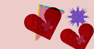 Geometrik şekilli Risograph Kırık Kalp animasyonu. Moda riso grafik tasarım videosunda nesne taşınıyor.