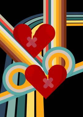 70 'lerin Kırık Kalple Geçmişi. Muhteşem Aşk 1970 'lerin sanat şablonu. Minimalist Vintage tasarım posteri. Eski moda renkli sanat eserleri.