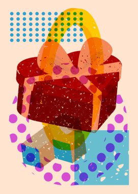 Risograph Heart şekilli geometrik şekilli hediye kutusu. Geometri elemanları ile modayı gösteren riso grafik desen tasarımı nesneleri.