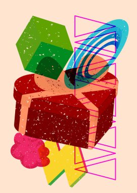 Risograph Heart şekilli geometrik şekilli hediye kutusu. Geometri elemanları ile modayı gösteren riso grafik desen tasarımı nesneleri.