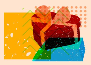 Risograph Heart şekilli geometrik şekilli hediye kutusu. Geometri elemanları ile modayı gösteren riso grafik desen tasarımı nesneleri.