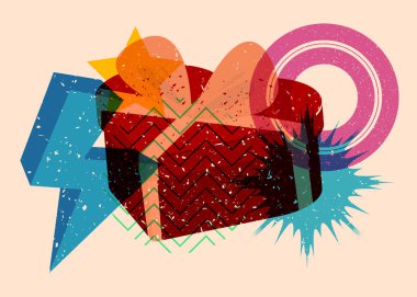 Risograph Heart şekilli geometrik şekilli hediye kutusu. Geometri elemanları ile modayı gösteren riso grafik desen tasarımı nesneleri.