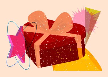 Risograph Heart şekilli geometrik şekilli hediye kutusu. Geometri elemanları ile modayı gösteren riso grafik desen tasarımı nesneleri.