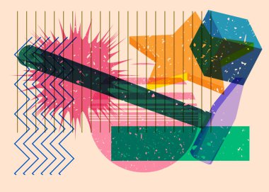 Geometrik şekilli Risograph Hammer. Geometri elemanları ile modayı gösteren riso grafik desen tasarımı nesneleri.