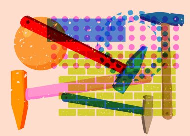 Geometrik şekilli Risograph Hammer. Geometri elemanları ile modayı gösteren riso grafik desen tasarımı nesneleri.