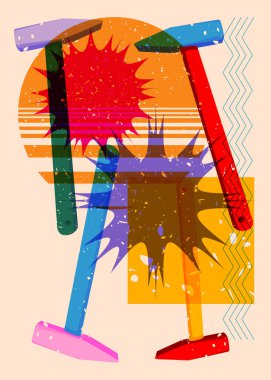 Geometrik şekilli Risograph Hammer. Geometri elemanları ile modayı gösteren riso grafik desen tasarımı nesneleri.