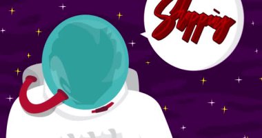 Astronot alışveriş metniyle uzayda. Soyut çizgi film animasyonu. 4k HD Biçimli Çözünürlük videosu.