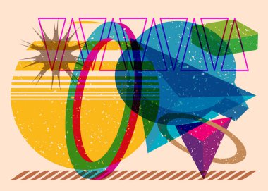 Geometrik şekilli Risograph konuşma balonu. Geometri elemanları ile modayı gösteren riso grafik desen tasarımı nesneleri.