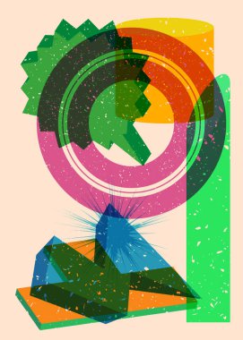 Geometrik şekilli Risograph konuşma balonu. Geometri elemanları ile modayı gösteren riso grafik desen tasarımı nesneleri.