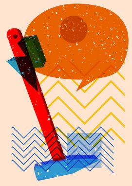 Geometrik şekilli konuşma baloncuğu ile Risograph Hammer. Geometri elemanları ile modayı gösteren riso grafik desen tasarımı nesneleri.