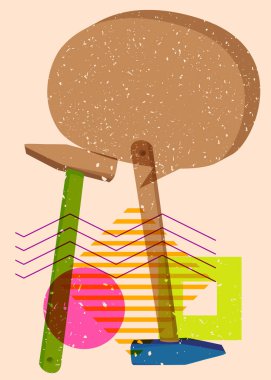 Geometrik şekilli konuşma baloncuğu ile Risograph Hammer. Geometri elemanları ile modayı gösteren riso grafik desen tasarımı nesneleri.