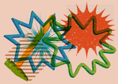 Geometrik şekilli konuşma baloncuğu ile Risograph Hammer. Geometri elemanları ile modayı gösteren riso grafik desen tasarımı nesneleri.