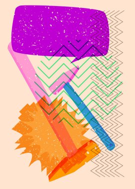 Geometrik şekilli konuşma baloncuğu ile Risograph Hammer. Geometri elemanları ile modayı gösteren riso grafik desen tasarımı nesneleri.