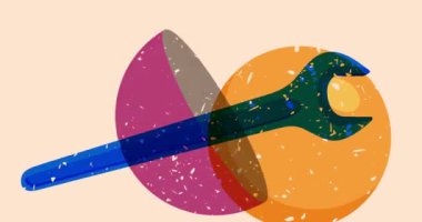 Geometrik şekilli Risograph Wrench animasyonu. Moda riso grafik tasarım videosunda nesne taşınıyor.