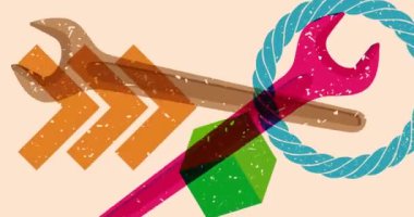 Geometrik şekilli Risograph Wrench animasyonu. Moda riso grafik tasarım videosunda nesne taşınıyor.