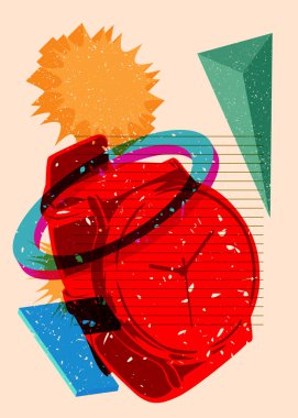 Geometrik şekilli risograph kol saati. Geometri elemanları ile modayı gösteren riso grafik desen tasarımı nesneleri.