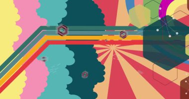 70 'lerin arka plan animasyonu. Harika 1970 'lerin sanat videosu. Minimalist çizgili tasarım sahnesi. Eski moda gökkuşağı renkli sanat eserleri.