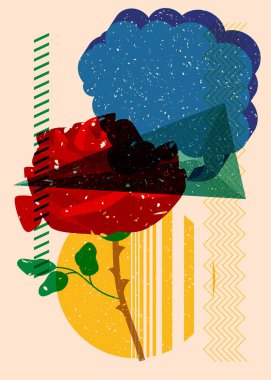 Geometrik şekilli konuşma baloncuğu ile Risograph Rose. Geometri elemanları ile modayı gösteren riso grafik desen tasarımı nesneleri.
