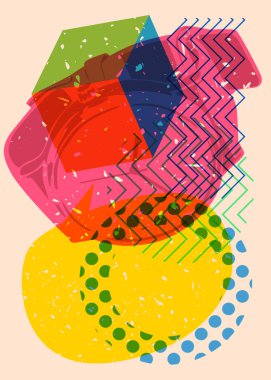 Geometrik şekilli konuşma baloncuklu Risograph kol saati. Geometri elemanları ile modayı gösteren riso grafik desen tasarımı nesneleri.