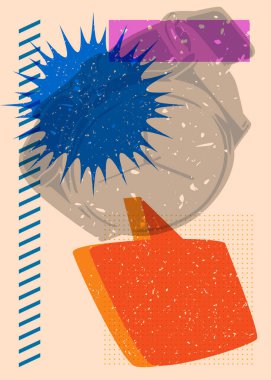 Geometrik şekilli konuşma baloncuklu Risograph kol saati. Geometri elemanları ile modayı gösteren riso grafik desen tasarımı nesneleri.