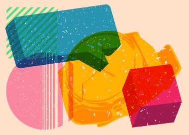 Geometrik şekilli konuşma baloncuklu Risograph kol saati. Geometri elemanları ile modayı gösteren riso grafik desen tasarımı nesneleri.