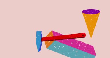 Geometrik şekilli Risograph Hammer animasyonu. Moda riso grafik tasarım videosunda nesne taşınıyor.