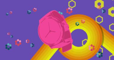 70 'lerin geçmişine ait kol saati animasyonları. 1970 'lerin sanat videosu. Minimalist Vintage tasarımı, eski moda renk çizimi.