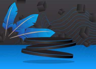 Tüy ile birlikte ürün sunumu. Vektör silindirli kaide podyumu. Sunum için sahne gösterisi. En küçük geometrik biçimler.