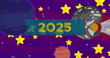 Roket uzayda 2025 numarayla. Çizgi film Canlandırması.