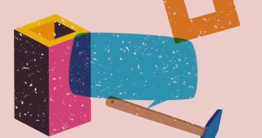 Risograph Hammer ve geometrik şekilli konuşma balonu animasyon. Moda riso grafik tasarım videosunda nesne taşınıyor.