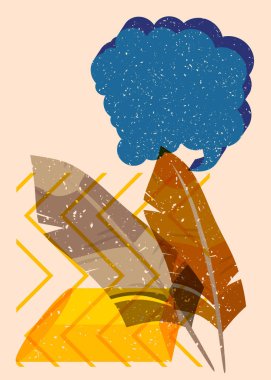 Geometrik şekilli konuşma baloncuklu Risograph Feather. Geometri elemanları ile modayı gösteren riso grafik desen tasarımı nesneleri.