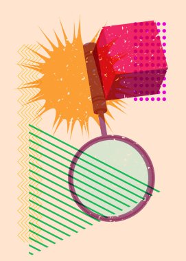 Geometrik şekilli Risograph Büyüteç. Geometri elemanları ile modayı gösteren riso grafik desen tasarımı nesneleri.