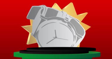 Kol saati olan bir ürün modeli. Animasyon silindiri kaide podyumu. Sunum için sahne gösterisi videosu. En küçük geometrik biçimlerin taşınması.