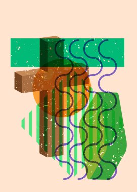 Risograph Religion haçı, Haç ve geometrik şekilli konuşma balonu. Geometri elemanları ile modayı gösteren riso grafik desen tasarımı nesneleri.