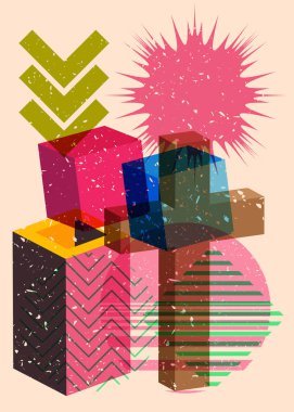 Risograph Religion haçı, Haç ve geometrik şekilli konuşma balonu. Geometri elemanları ile modayı gösteren riso grafik desen tasarımı nesneleri.