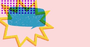 Risograph anahtarı ve geometrik şekilli konuşma balonu animasyonu. Moda riso grafik tasarım videosunda nesne taşınıyor.