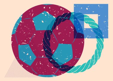 Geometrik şekilli risograph futbol topu. Geometri elemanları ile modayı gösteren riso grafik desen tasarımı nesneleri.