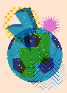 Geometrik şekilli risograph futbol topu. Geometri elemanları ile modayı gösteren riso grafik desen tasarımı nesneleri.