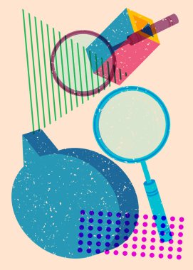 Geometrik şekilli konuşma baloncuklu Risograph Büyüteç. Geometri elemanları ile modayı gösteren riso grafik desen tasarımı nesneleri.