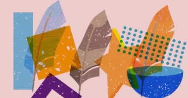 Geometrik şekilli Risograph Feather animasyonu. Moda riso grafik tasarım videosunda nesne taşınıyor.