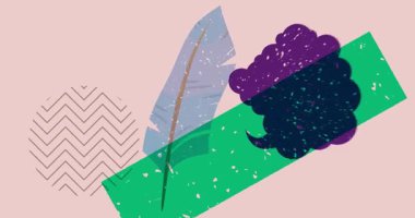 Geometrik şekilli Risograph Feather ve konuşma balonu animasyon. Moda riso grafik tasarım videosunda nesne taşınıyor.