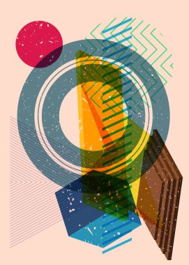 Renkli geometrik şekiller. Moda riso grafik tasarımlı nesne. Geometri ögeleri soyut risograf baskı desen biçimi.