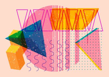 Renkli geometrik şekiller. Moda riso grafik tasarımlı nesne. Geometri ögeleri soyut risograf baskı desen biçimi.