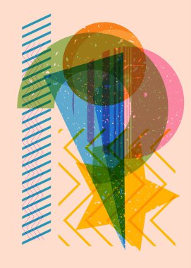 Renkli geometrik şekiller. Moda riso grafik tasarımlı nesne. Geometri ögeleri soyut risograf baskı desen biçimi.