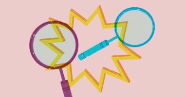 Geometrik şekilli risograph büyüteç animasyon. Moda riso grafik tasarım videosunda nesne taşınıyor.