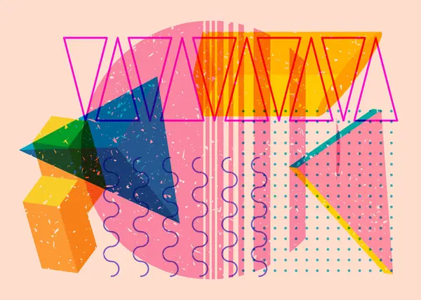 Renkli geometrik şekiller. Moda riso grafik tasarımlı nesne. Geometri ögeleri soyut risograf baskı desen biçimi.