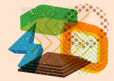 Renkli geometrik şekiller. Moda riso grafik tasarımlı nesne. Geometri ögeleri soyut risograf baskı desen biçimi.